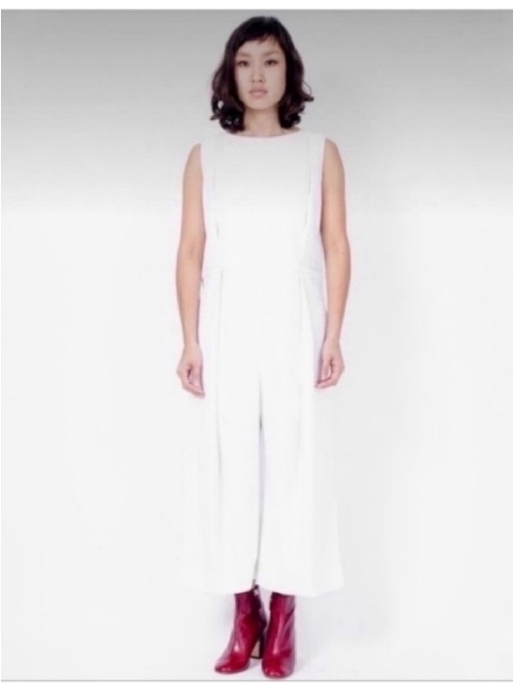 Walcott:Takemoto Bushi white denim jumpsuit cropped sleeveless wide leg